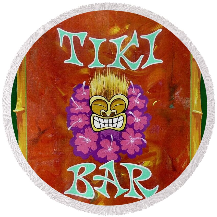 Tiki Bar Round Beach Towel featuring the painting Tiki Bar by Alan Johnson