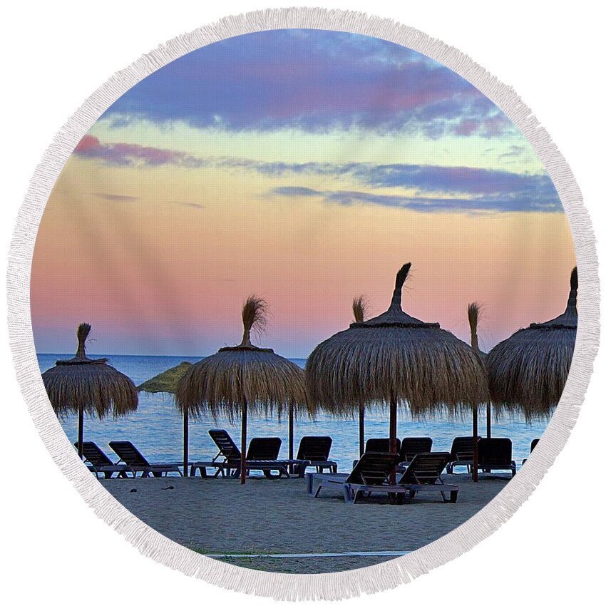 Andalusia Round Beach Towel featuring the photograph Tiki Umbrellas and Sunsets by Yvonne M Smith
