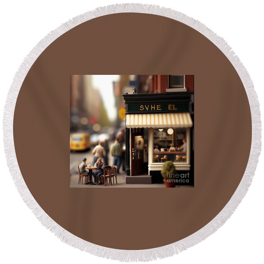  Round Beach Towel featuring the mixed media Tiny City Coffee by Jay Schankman