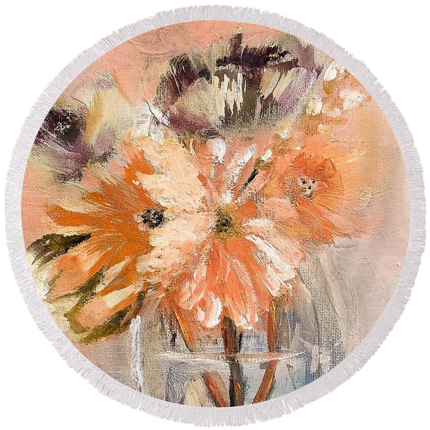 Orange Round Beach Towel featuring the painting Tiny orange Bouquet by Lisa Kaiser