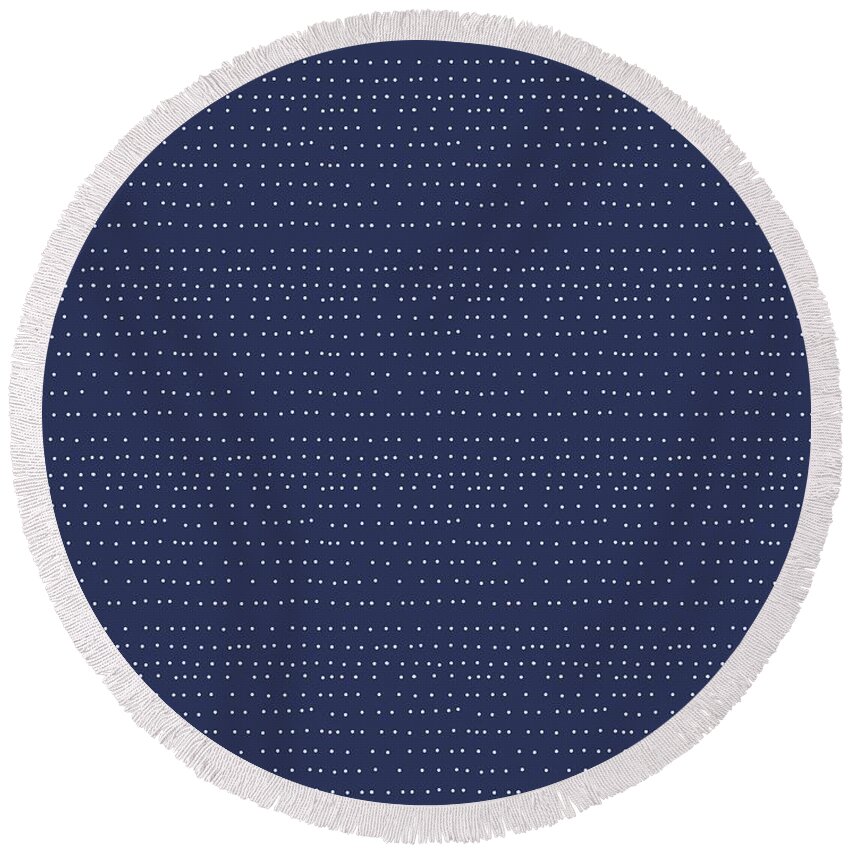 Dots Round Beach Towel featuring the drawing Tiny White Dot Lines On Dark Blue by Ashley Rice