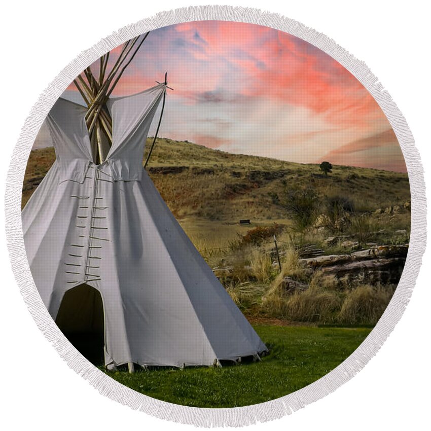 Native Temporary Housing Round Beach Towel featuring the photograph Tipi at Sunset by Laura Putman