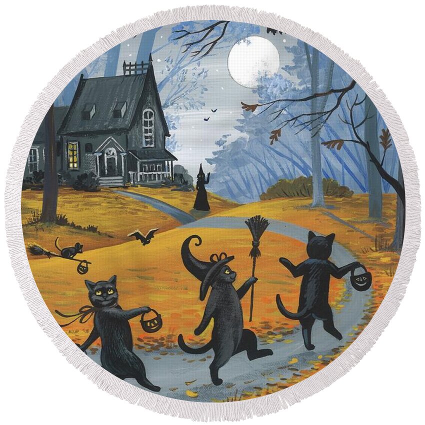 Print Round Beach Towel featuring the painting To The Witch's House We Go by Margaryta Yermolayeva