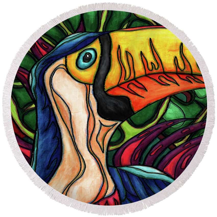 Toco Toucan Round Beach Towel featuring the painting Toco toucan in colorful jungle, toucan bird by Nadia CHEVREL