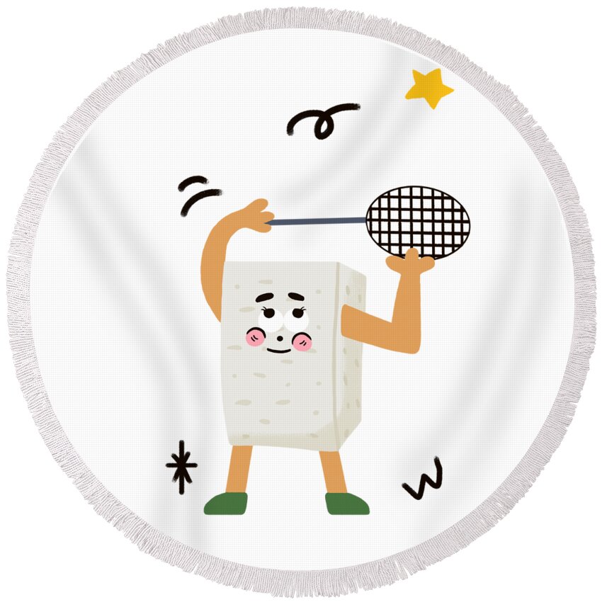 Tofu，bean Curd Round Beach Towel featuring the drawing Tofu loves playing badminton by Min Fen Zhu