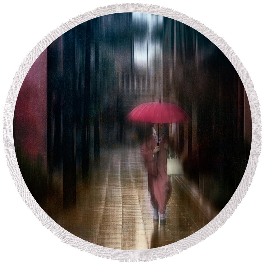 Photography Round Beach Towel featuring the digital art Tokyo Rain by Terry Davis