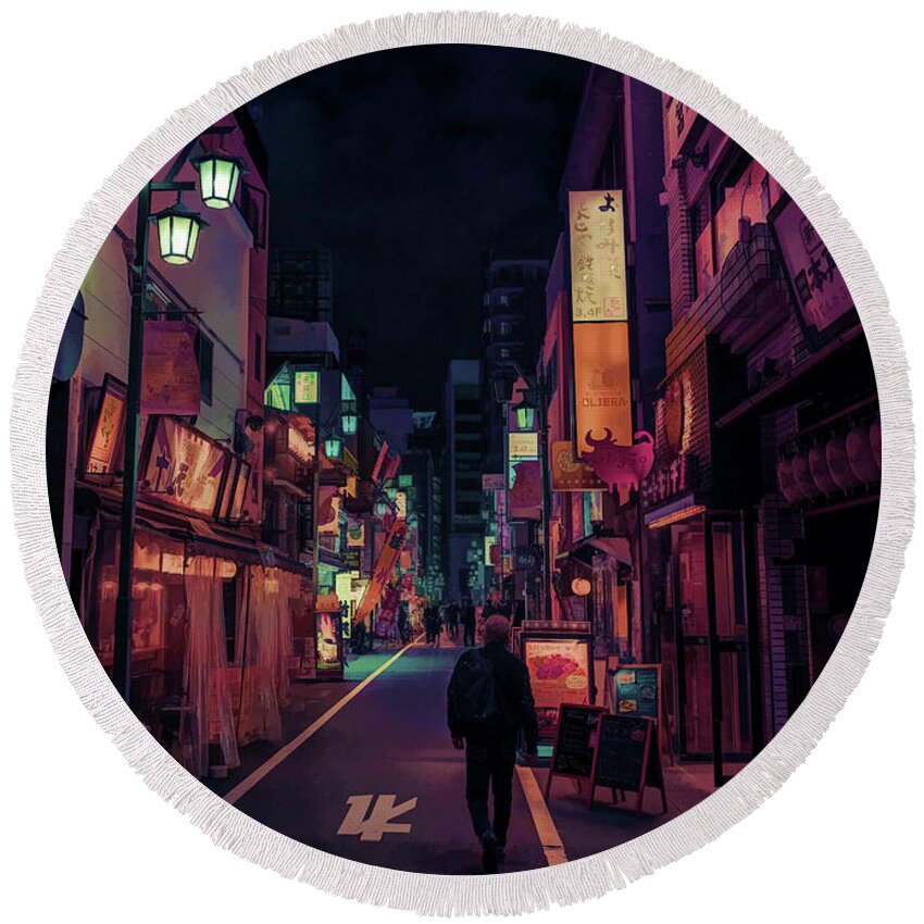 Landscape Round Beach Towel featuring the painting Tokyo Street After Dark - DWP1476397 by Dean Wittle