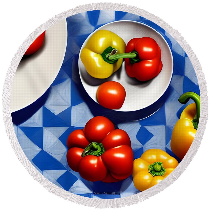 Fruit Round Beach Towel featuring the digital art Tomatoes and Peppers by Katrina Gunn