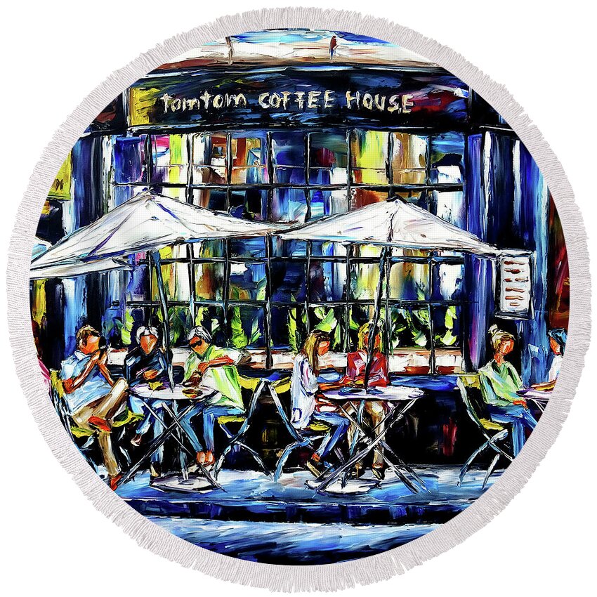 London Cafe Round Beach Towel featuring the painting Tomtom Coffee House, London by Mirek Kuzniar