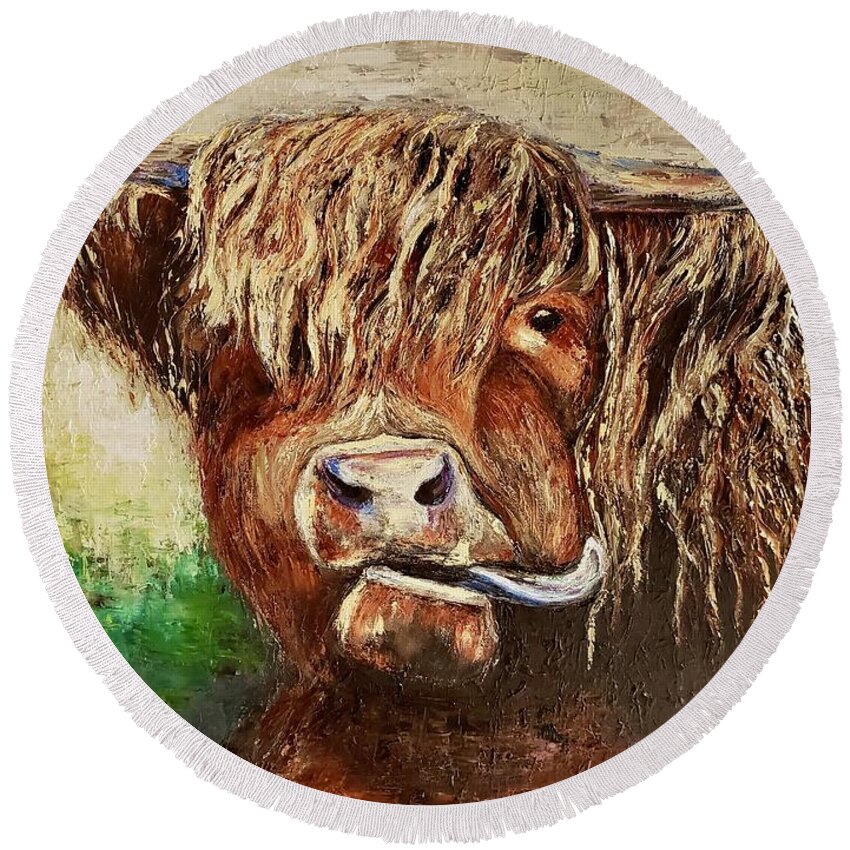 Highland Round Beach Towel featuring the painting Tongue out by Sunel De Lange