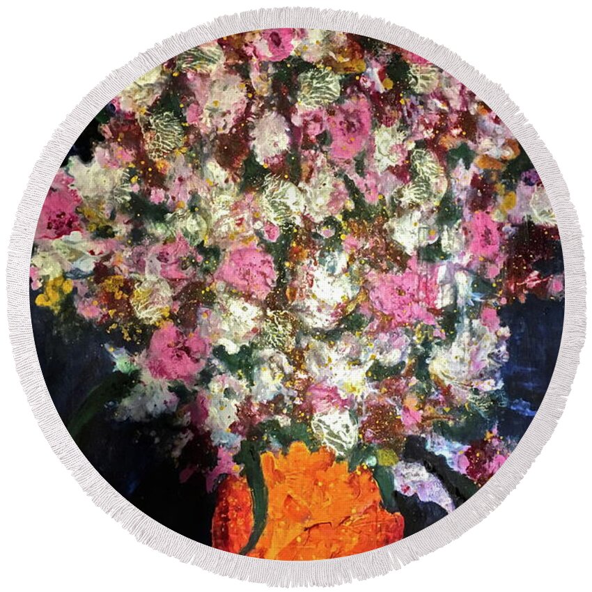 Vase Round Beach Towel featuring the painting Too Many Flowers for One Vase by Janice Nabors Raiteri