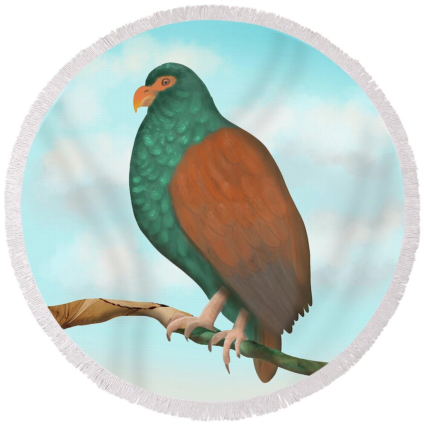 Tooth-billed Pigeon Round Beach Towel featuring the digital art Tooth-billed Pigeon on a Branch by Andreea Dumez