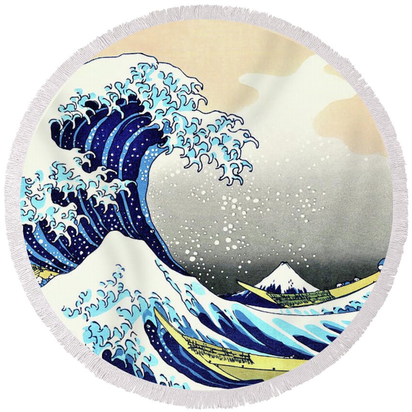 Katsushika Round Beach Towel featuring the painting Top Quality Art - The Great Wave off Kanagawa by Katsushika Hokusai