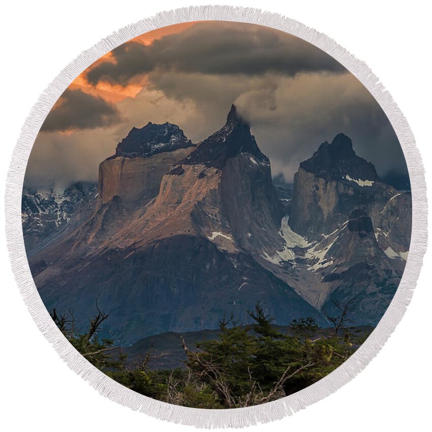 Andes Round Beach Towel featuring the photograph Torres del Paine Los Cuernos at sundown by Henri Leduc
