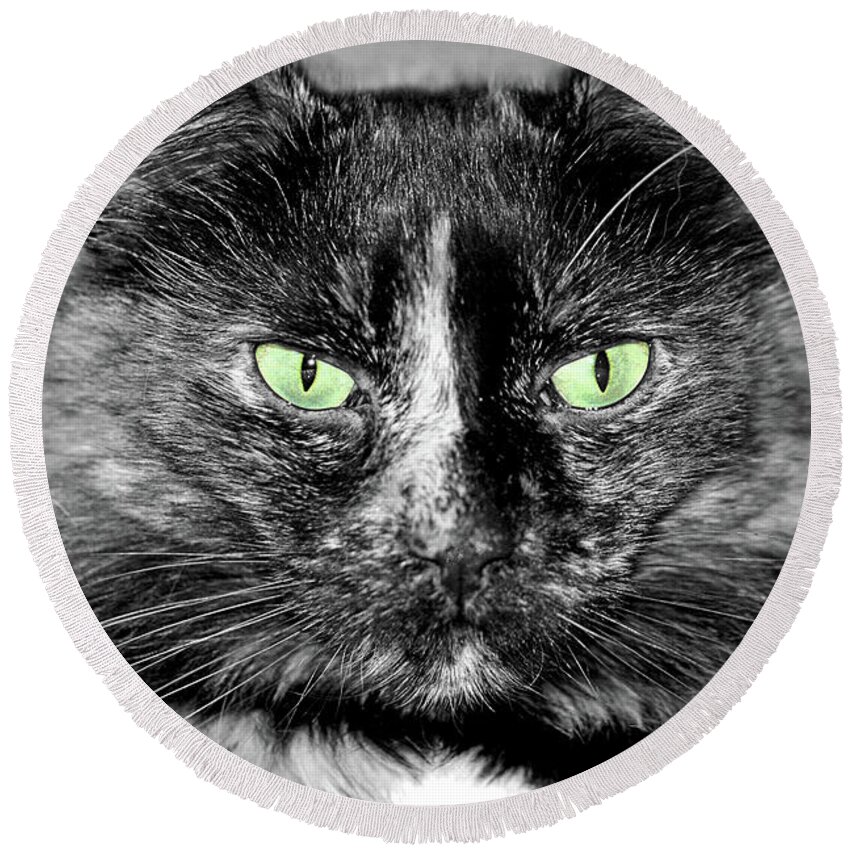 Cat; Torti; Tortoiseshell; Torti Cat; Tortoiseshell Cat; Stare; Eyes; Attitude; Catitude; Tortitude; Black And White; Green; Selective Color; Photography; Macro; Close-up; Portrait; Horizontal Round Beach Towel featuring the digital art Tortitude with Green Eyes by Tina Uihlein