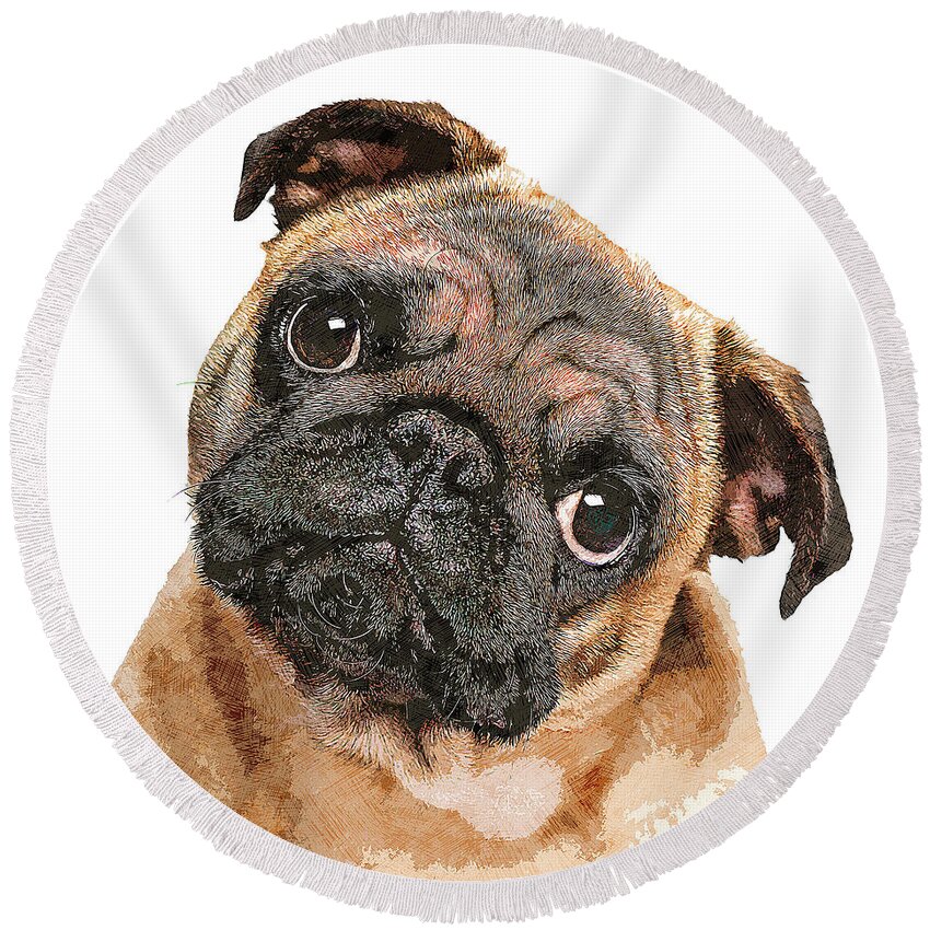 Pug Round Beach Towel featuring the painting Totes Adore, Young Pug Dog by Custom Pet Portrait Art Studio