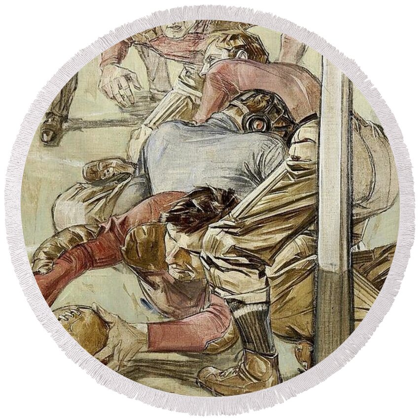 Ncaa Round Beach Towel featuring the drawing Touchdown by Frank Xavier Leyendecker American