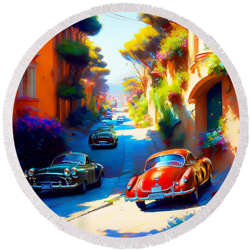 Wingsdomain Round Beach Towel featuring the mixed media Touring A Quaint Coastal Town In Classic Cars 20230111g by Wingsdomain Art and Photography