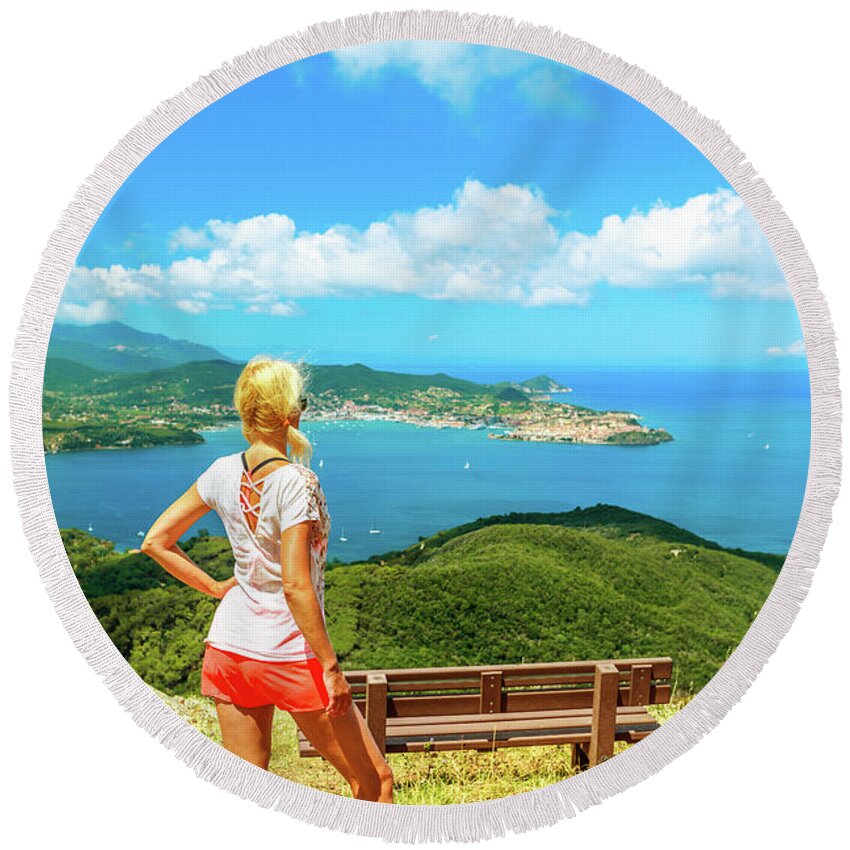 Italy Round Beach Towel featuring the photograph Tourist woman at Elba Island by Benny Marty