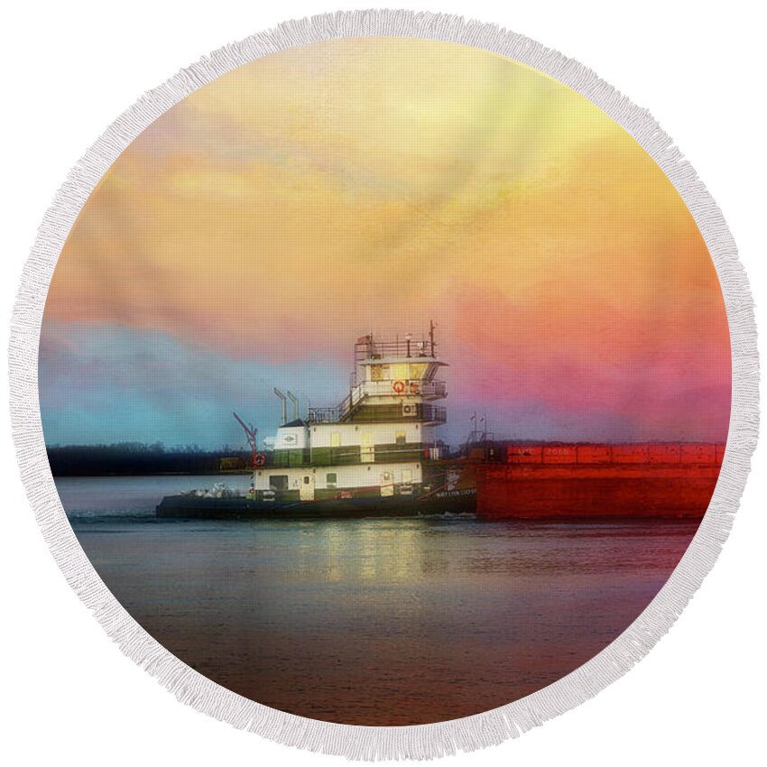 Maritime Round Beach Towel featuring the digital art Tow Boat and Sky by Steven Gordon
