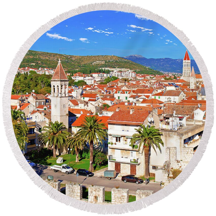 Croatia Round Beach Towel featuring the photograph Town of Trogir waterfront and landmarks view by Brch Photography
