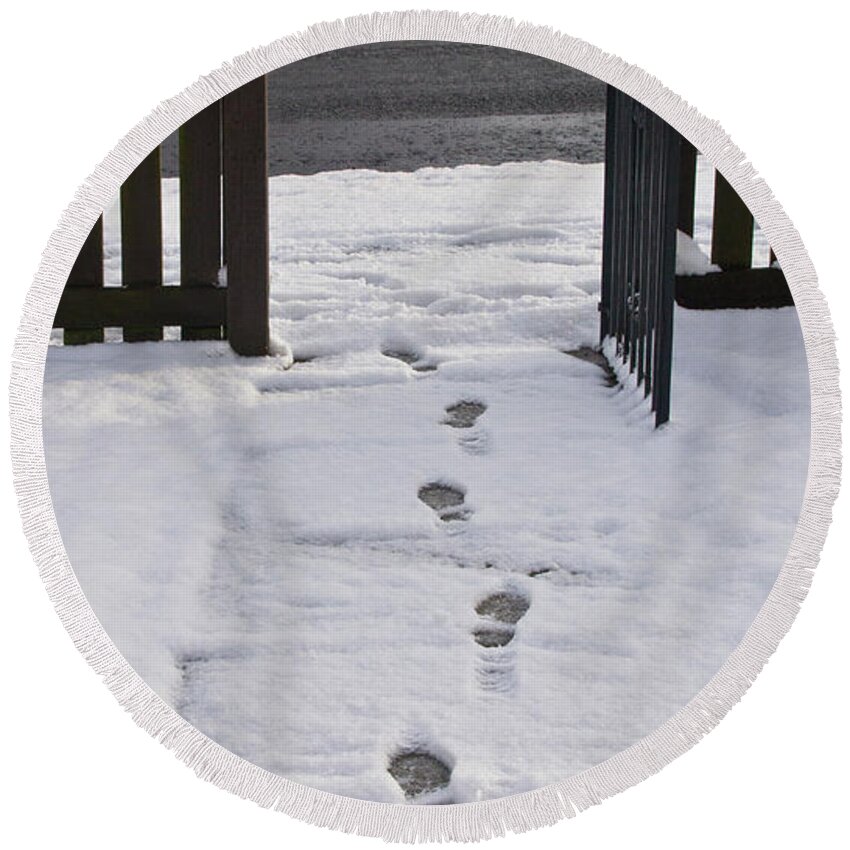 Traces On Snow Round Beach Towel featuring the photograph Traces in the Snow by Elena Perelman