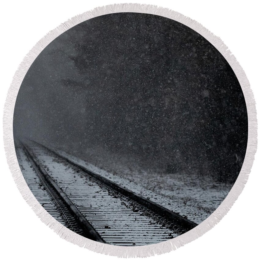 Train Round Beach Towel featuring the photograph Tracks in the Snow by Denise Kopko