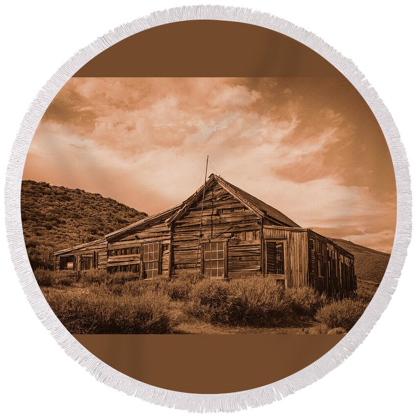 Bodie Round Beach Towel featuring the photograph Tracy House Sepia by Ron Long Ltd Photography