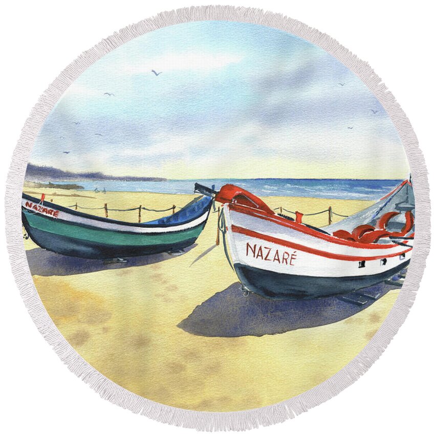 Portugal Round Beach Towel featuring the painting Traditional Boats in Nazare Portugal by Dora Hathazi Mendes