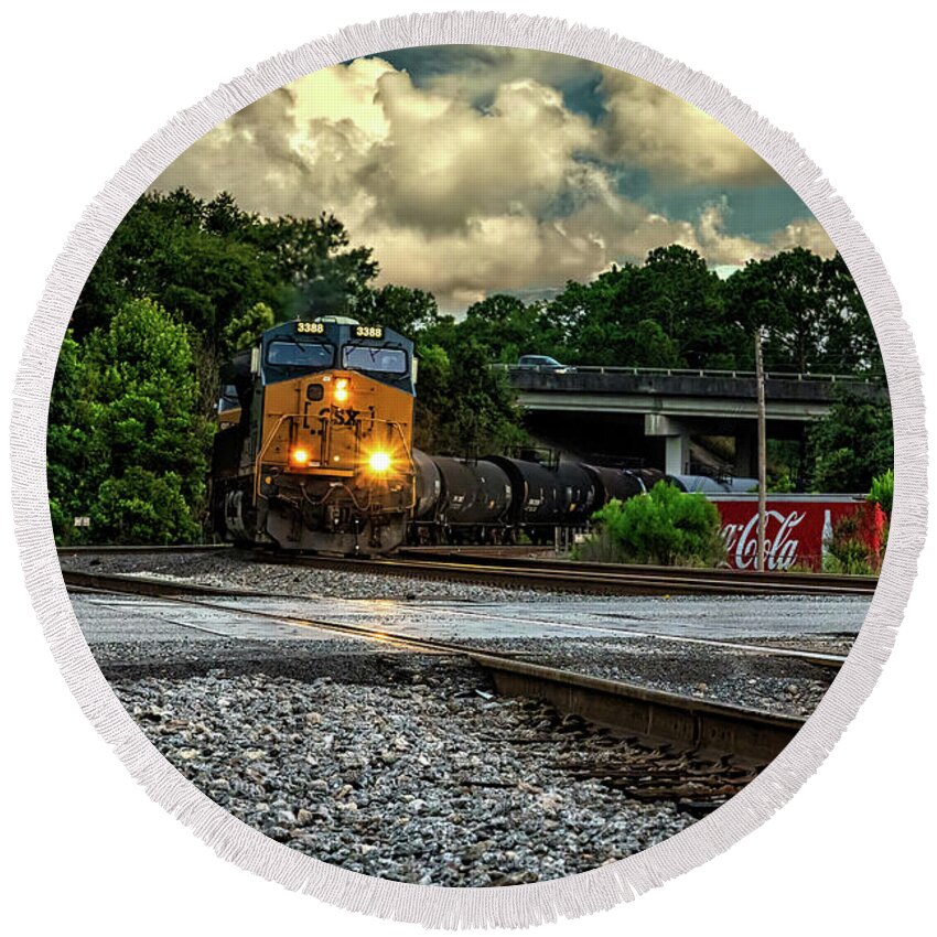 Trains Round Beach Towel featuring the photograph Train and Tracks by DB Hayes