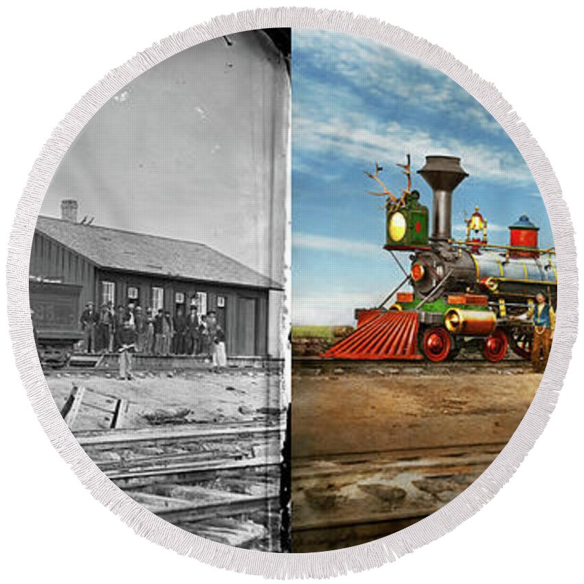 Train Round Beach Towel featuring the photograph Train - Locomotive - Apache Number 23 1868 - Side by Side by Mike Savad