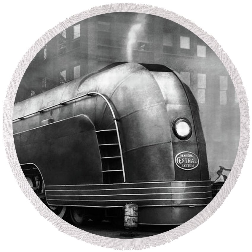 Train Round Beach Towel featuring the photograph Train - Retro - The train of tommorow 1939 BW by Mike Savad