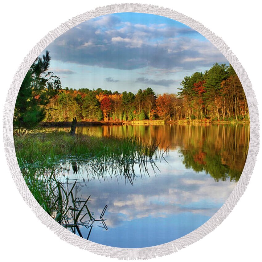 Lake Round Beach Towel featuring the photograph Tranquil Autumn Lake Sunrise by Christina Rollo