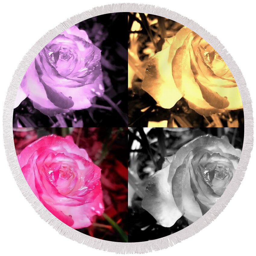 Rose Round Beach Towel featuring the photograph Transformation Of A Rose In Warhol style by Leonida Arte