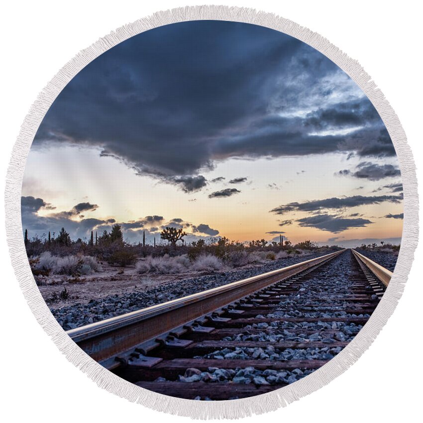 Train Round Beach Towel featuring the photograph Traveler by Daniel Hayes