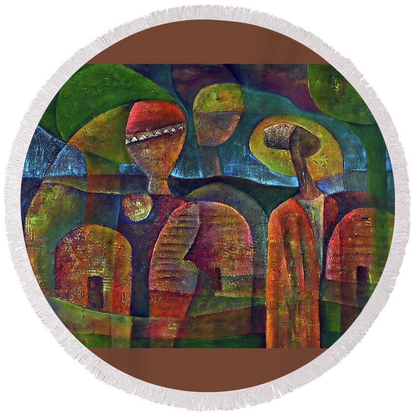 African Art Round Beach Towel featuring the painting Travelers Then Came by Martin Tose 1959-2004