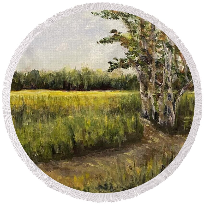 Painting Acrylic Round Beach Towel featuring the painting Tree at Crow Creek by Paula Pagliughi