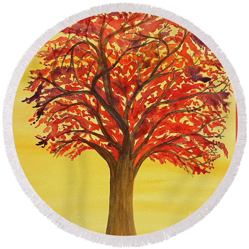 Fall Round Beach Towel featuring the painting Tree in Red by Lisa Neuman