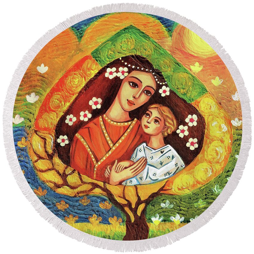 Mother And Child Round Beach Towel featuring the painting Tree of Life #2 by Eva Campbell