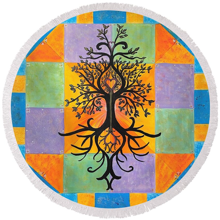Tree Of Life Round Beach Towel featuring the painting Tree of Life by Nancy Sisco