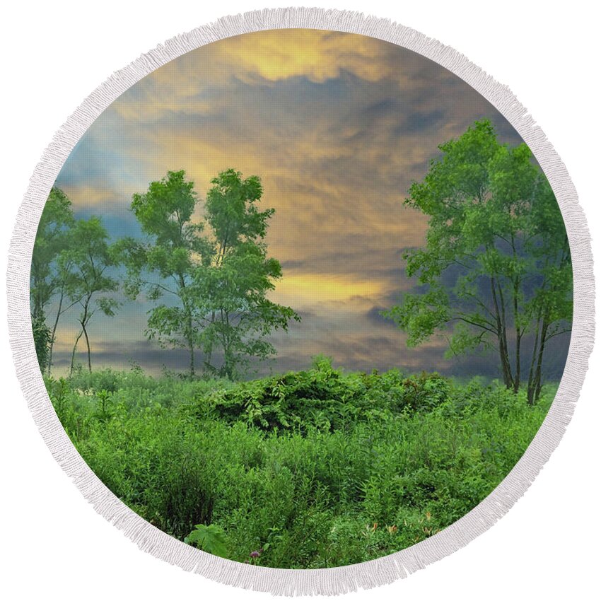 Landscape Round Beach Towel featuring the digital art Tree Thoughts by Allen Nice-Webb
