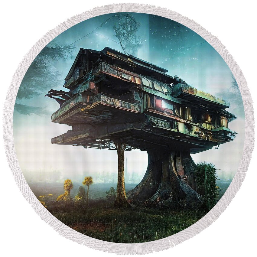 Treehouse Round Beach Towel featuring the digital art Treehouse in the early morning mist by Micah Offman