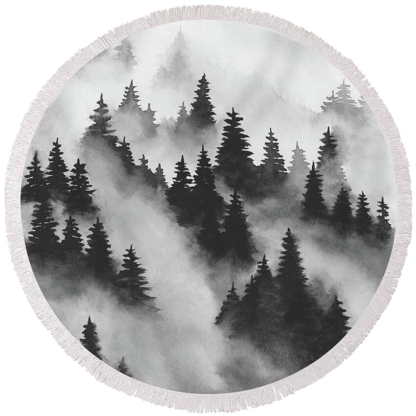 White Round Beach Towel featuring the painting Trees Above the Fog I by Rachel Elise
