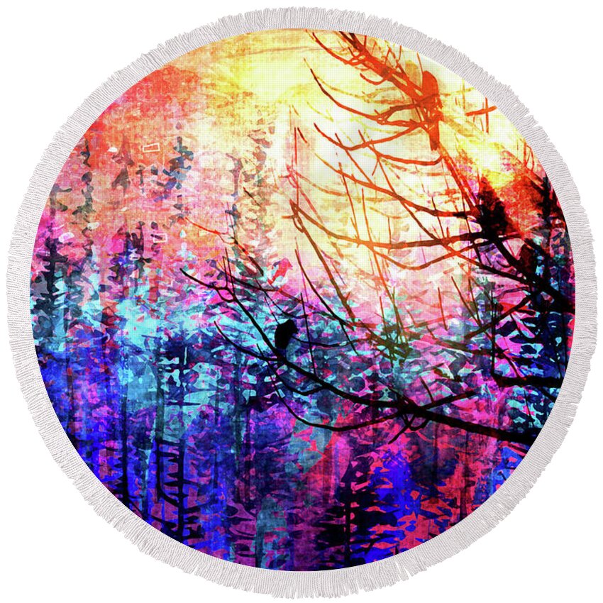 Painting Round Beach Towel featuring the mixed media Trees at Sunrise by Nicky Jameson