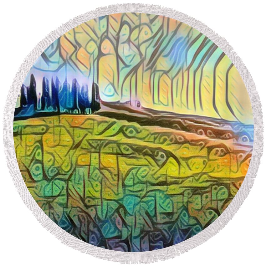 Aestheticism Round Beach Towel featuring the painting Trees Hill Landscape 1 by Tony Rubino