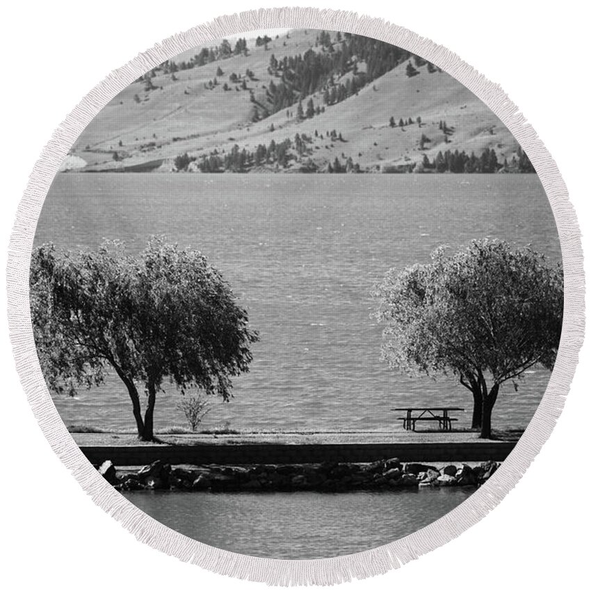 Nature Round Beach Towel featuring the photograph Trees on the Pier by Kae Cheatham