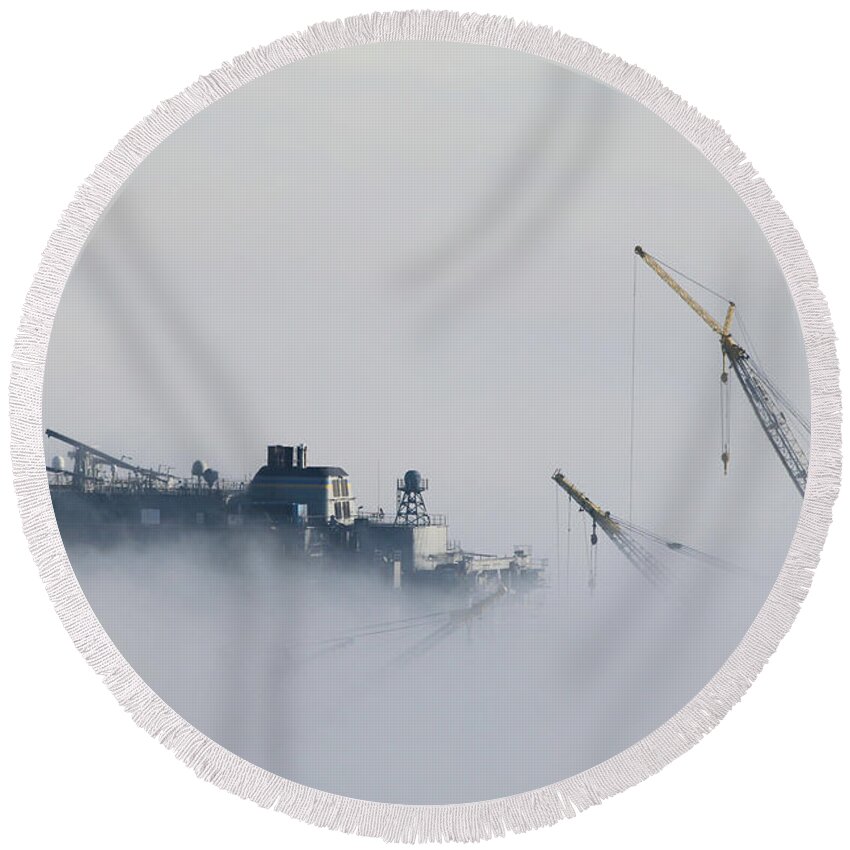 Fog Round Beach Towel featuring the photograph Trenching in the Fog by Manuela's Camera Obscura