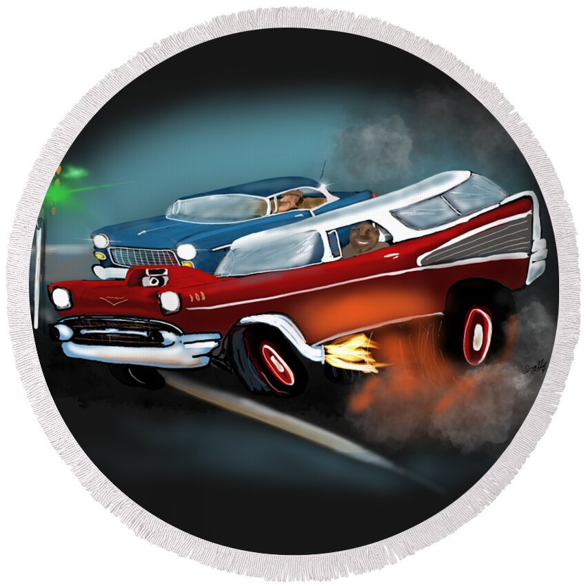Tri Five Chevy Round Beach Towel featuring the digital art Tri Five Chevy Drag Racing by Doug Gist