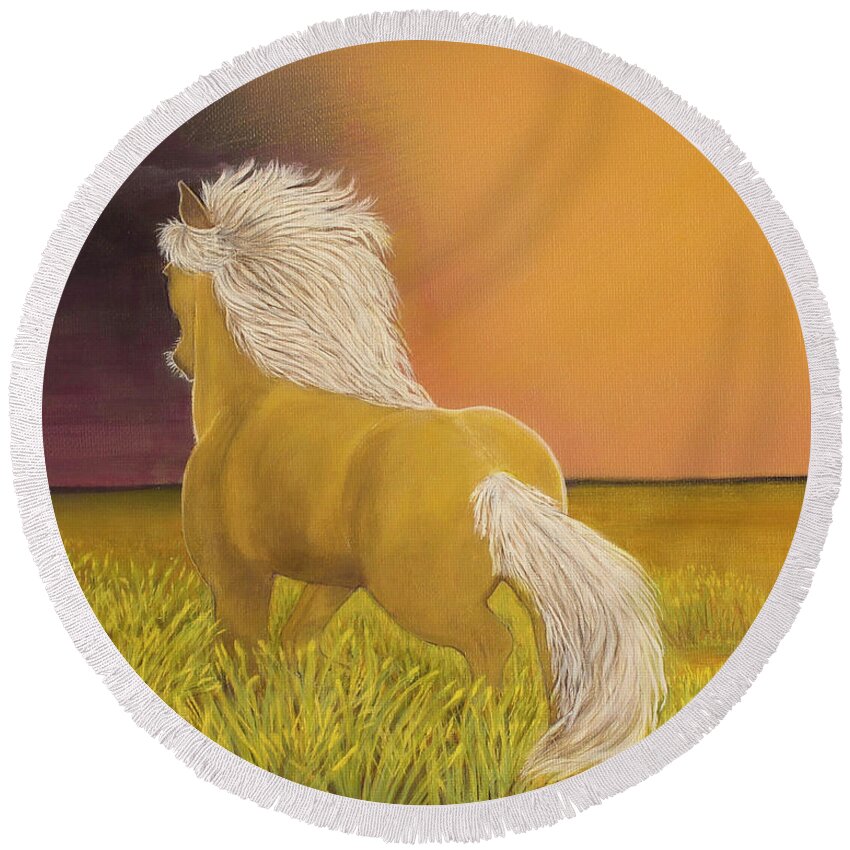 Horse Round Beach Towel featuring the painting Trigger by Shirley Dutchkowski