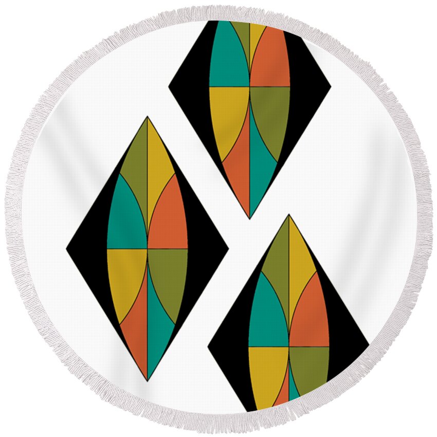 Mid Century Round Beach Towel featuring the digital art Triple Diamonds Mid Century on white with diagonal line background by DB Artist